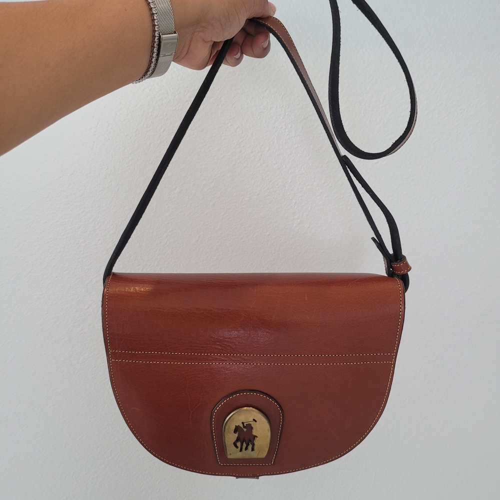 Brown Leather Saddle Crossbody with Polo Rider Medallion - Picture 3 of 17